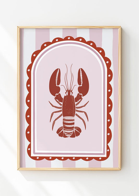 Poster mural été d'une illustration de homard sur fond rose encadré dans un cadre en bois.