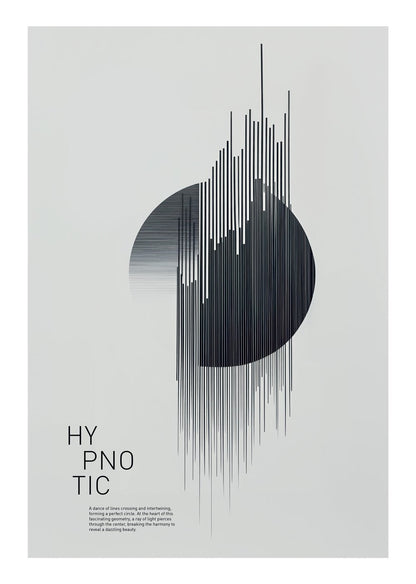 Affiche murale contemporaine d'un cercle noir fait de lignes, sur fond gris avec la typo "hypnotic"
