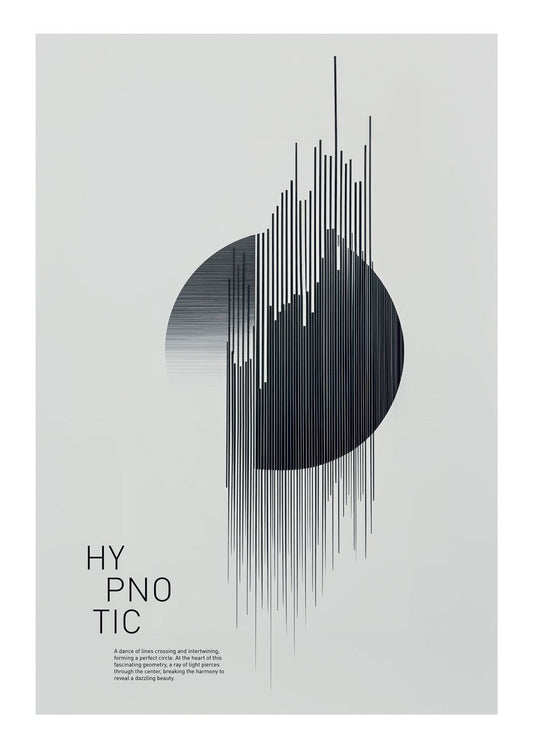 Affiche murale contemporaine d'un cercle noir fait de lignes, sur fond gris avec la typo "hypnotic"