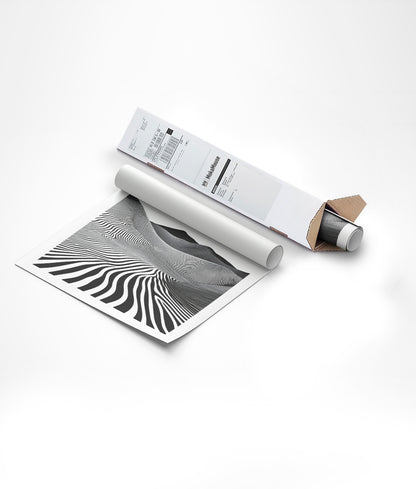 Emballage de l'affiche noir et blanc dans un carton triangulaire.