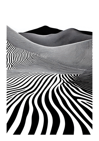 Affiche murale surréaliste de collines zébrées composées de lignes noires et blanches.