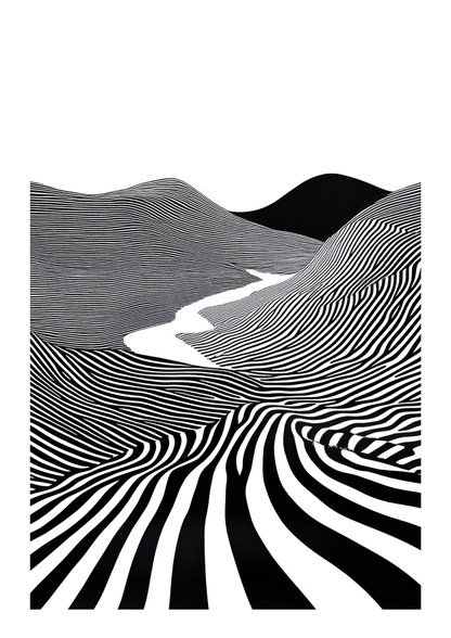 Affiche murale surréaliste d'une colline de lignes blanches et noires, traversée par une rivière.