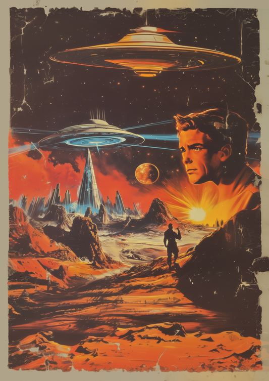Affiche vintage science-fiction homme sur une planète, avec des vaisseaux spatiaux.