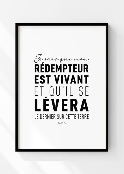 Affiche chrétienne du verset de job 19:25  "mon rédempteur" dans un cadre noir