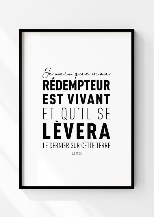 Affiche chrétienne du verset de job 19:25  "mon rédempteur" dans un cadre noir