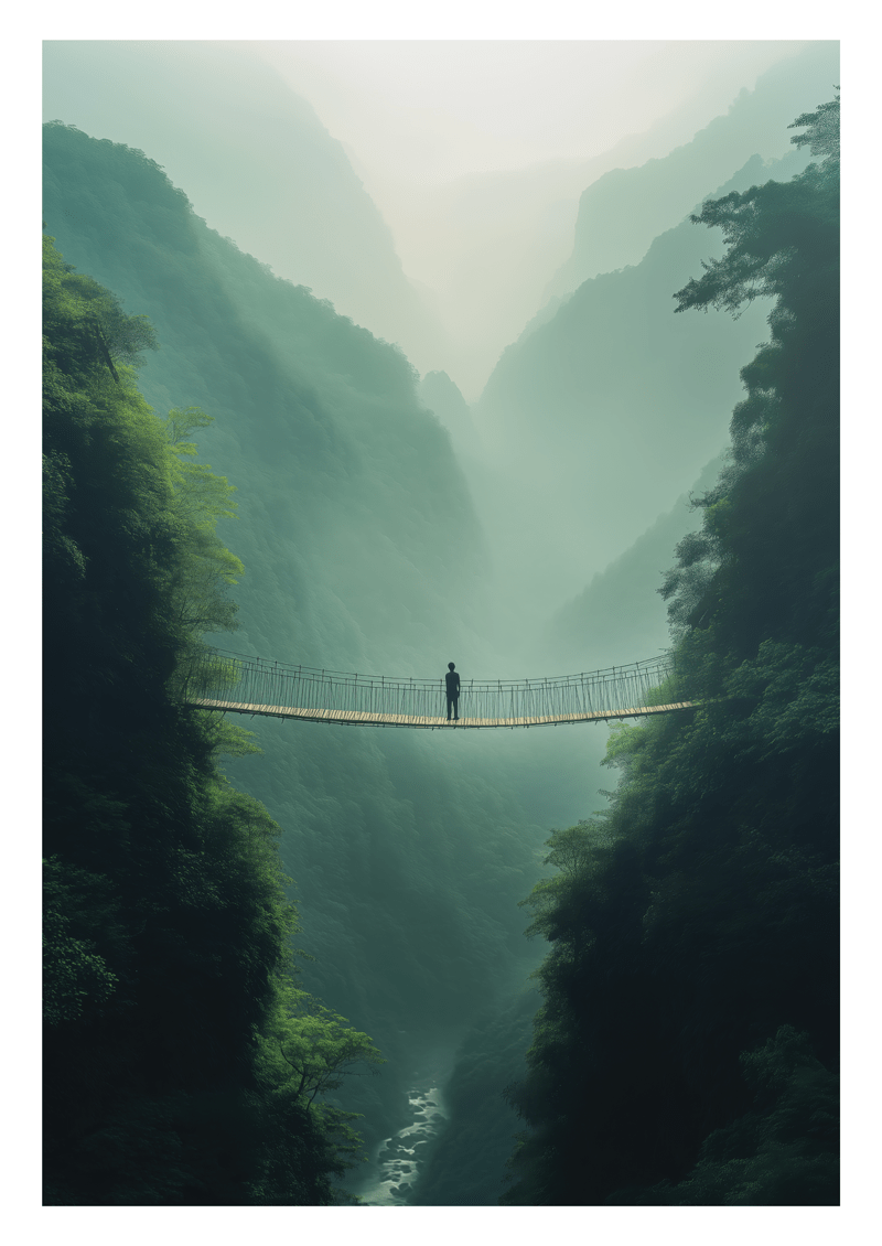 Affiche illustration d'un homme sur un pont entre deux falaises dans une jungle.