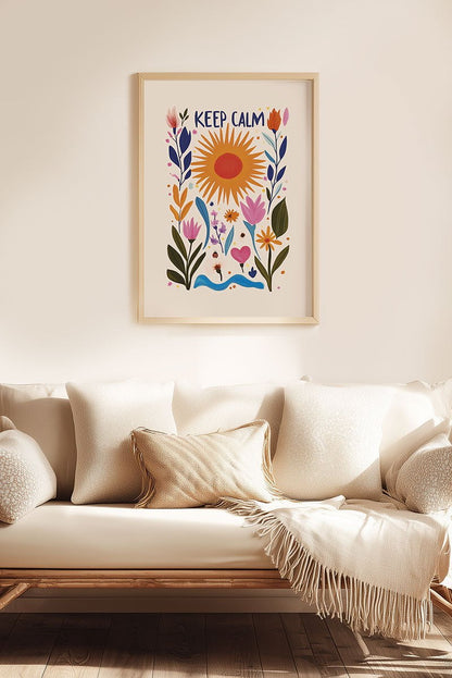 Affiche folk art "keep calm" soleil et fleurs au dessus d'un canapé beige