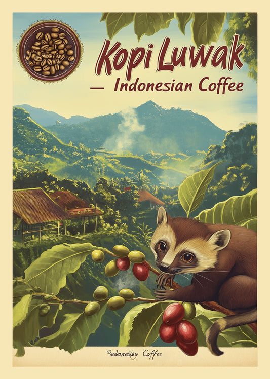 Affiche cuisine vintage montrant une civette, en premier plan d'un paysage indonésien.