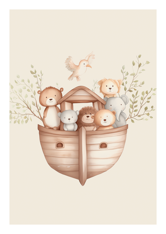 Affiche pour chambre bébé d'une aquarelle animaux dans un bateau sur fond crème