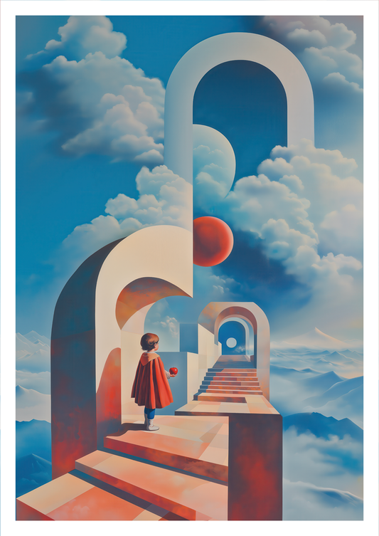 Affiche murale surréaliste d'un enfant tenant une pomme, dans un décor géométrique.