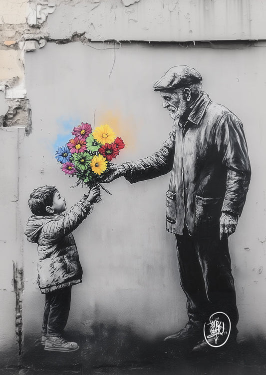 Affiche street art noir et blanc d'un enfant qui tend un bouquet colorés à un vieil homme