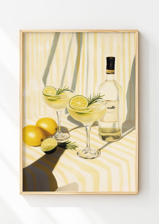 Poster italie pour cuisine d'une peinture de deux cocktails de limoncello dans un cadre bois
