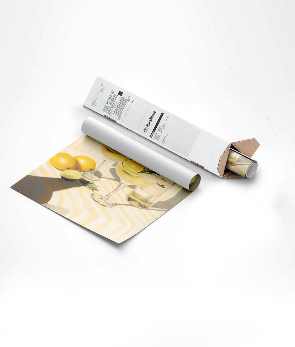 Poster limoncello enroulée et mise dans un carton triangulaire
