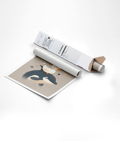 Affiche pour chambre bébé canard sur un orque emballée dans carton triangulaire.