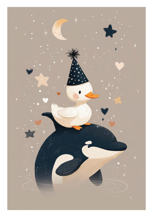 Affiche pour chambre bébé d'un canard sur un orque, le fond est gris.