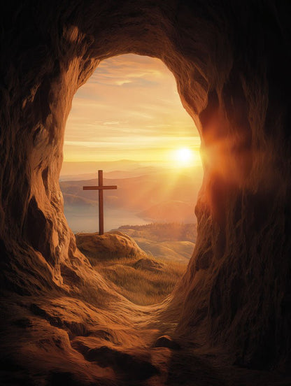 Poster religion chrétienne d'une croix devant une grotte en format 30x40 cm