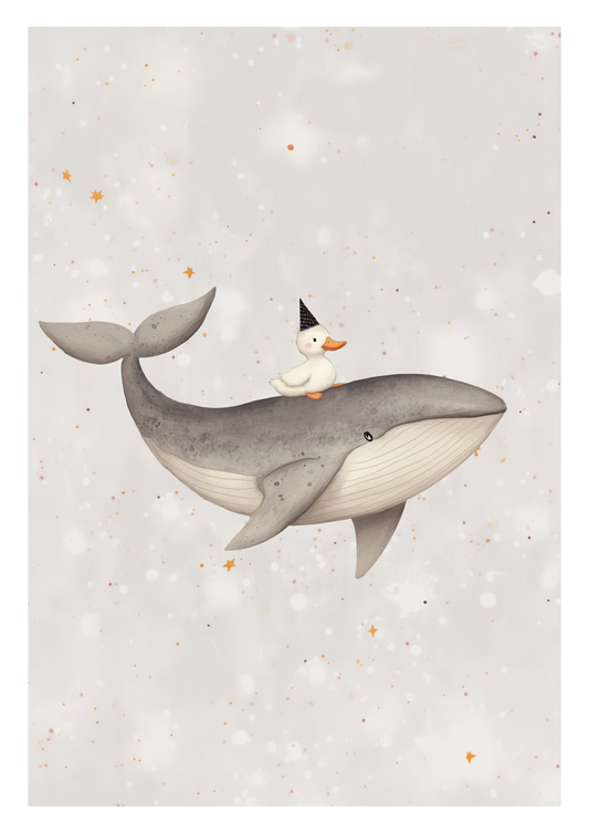Affiche chambre enfant d'une aquarelle d'un canard à dos de baleine.