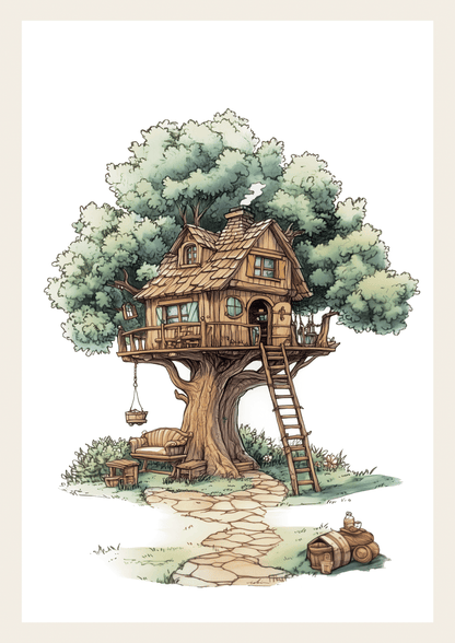 Affiche chambre enfant d'une cabane dans les arbres à l'aquarelle, fond blanc.