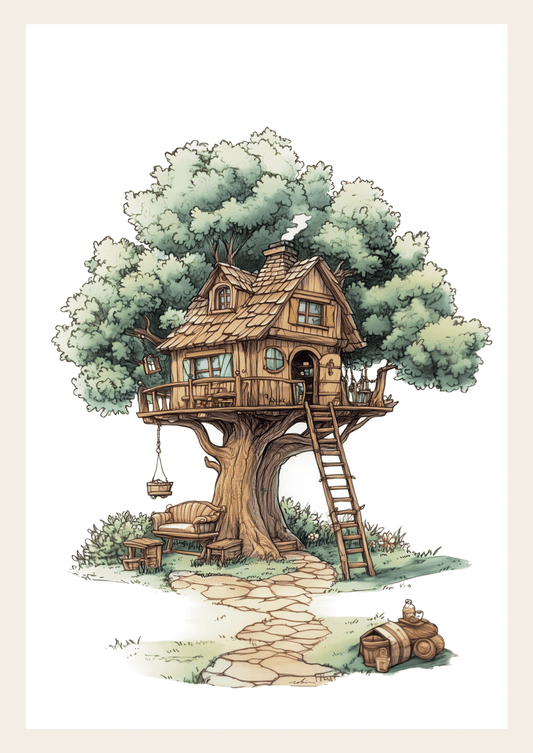 Affiche chambre enfant d'une cabane dans les arbres à l'aquarelle, fond blanc.