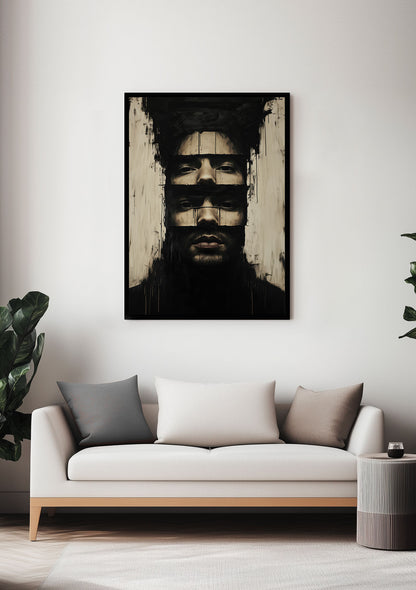 Affiche murale peinture homme aux deux visage, encadrée, sur le mur d'un salon.