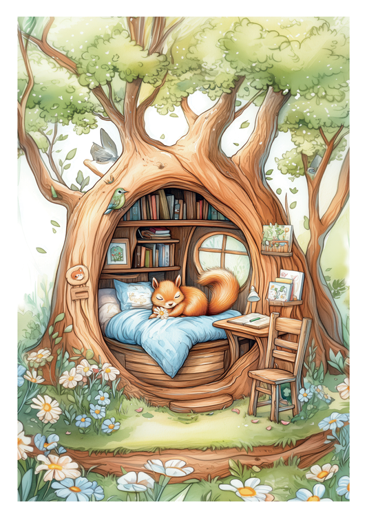 Affiche chambre enfant d'un petit écureuil qui dort dans sa maison, creusée dans un arbre.