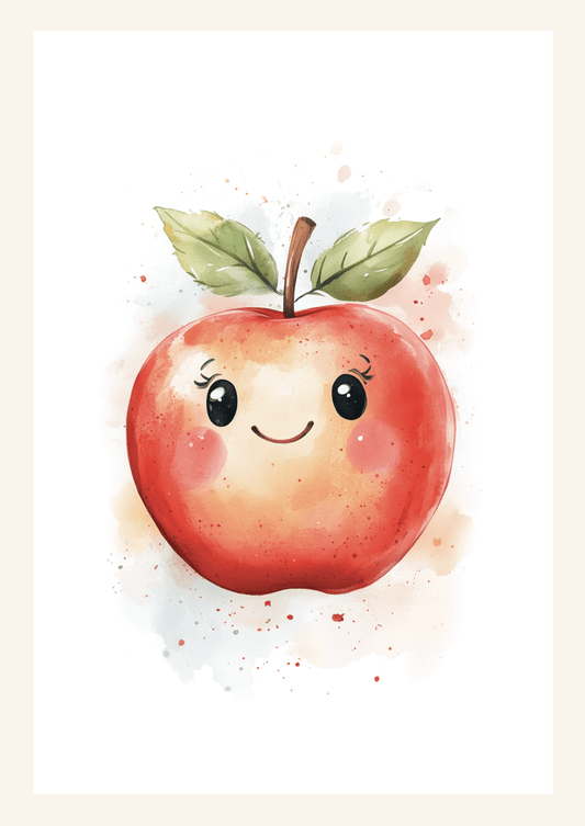 Affiche pour chambre bébé d'une pomme rouge souriante, à l'aquarelle avec des pastels et un fond clair.