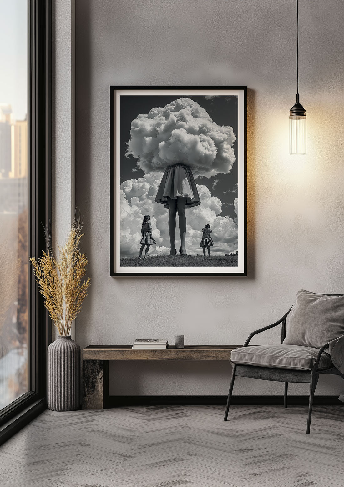 Poster Photo surréaliste de la tête dans les nuages encadrée sur un mur.
