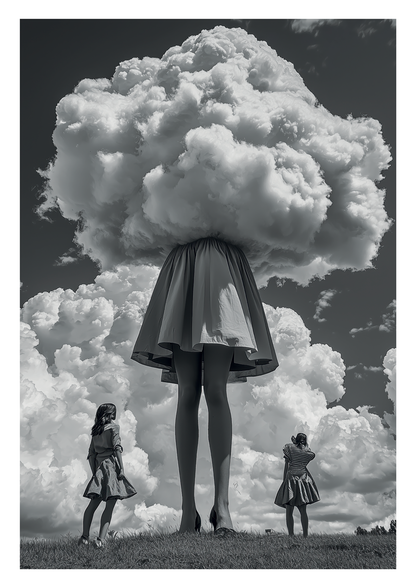 Poster Photo surréaliste en noir et blanc d'une femme la tête dans les nuages.
