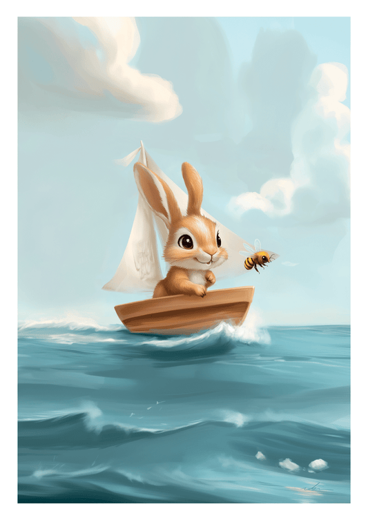 Affiche chambre enfant d'un lapin sur un bateau à voile guidée par une abeille.