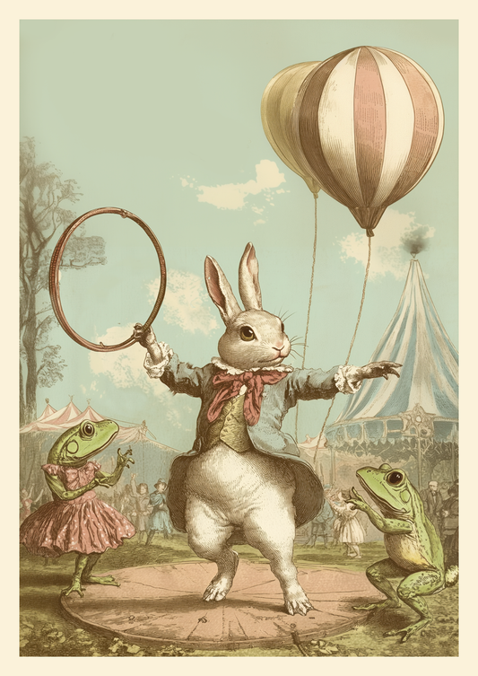 Affiche cabinet de curiosités d'un lapin dresseur dans un cirque, avec deux montgolfières.