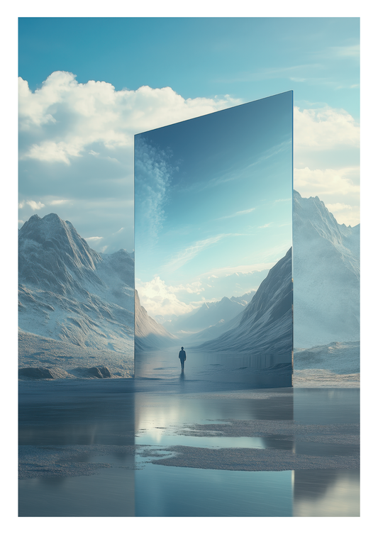 Photographie surréaliste d'un homme seul dans un paysage montagneux, devant un miroir.