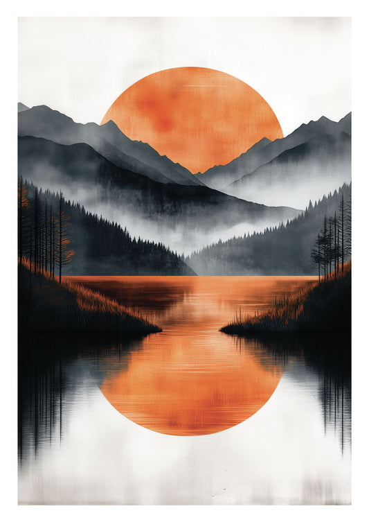 Affiche illustration d'un lac entourée de montagne, avec une lune orange.