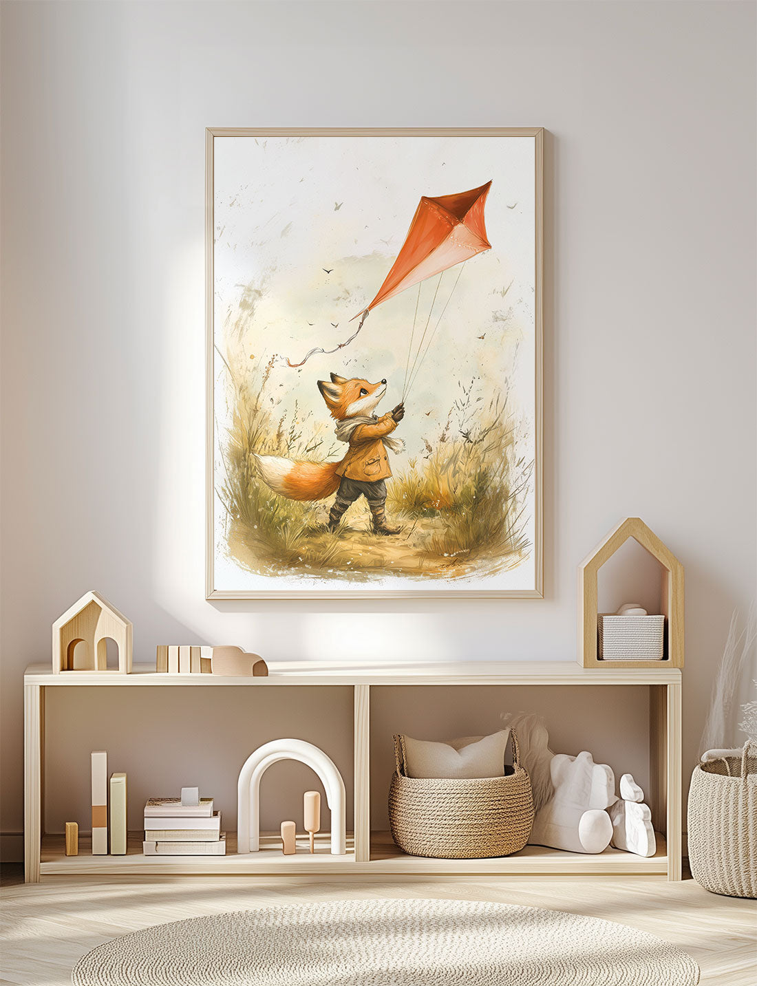 Variante du renard au cerf volant, mise en situation dans une salle de jeux beige.