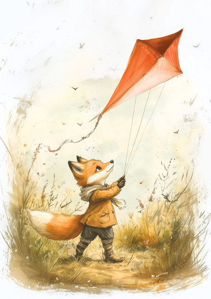 Affiche chambre enfant, variante du renard faisant du cerf volant 
