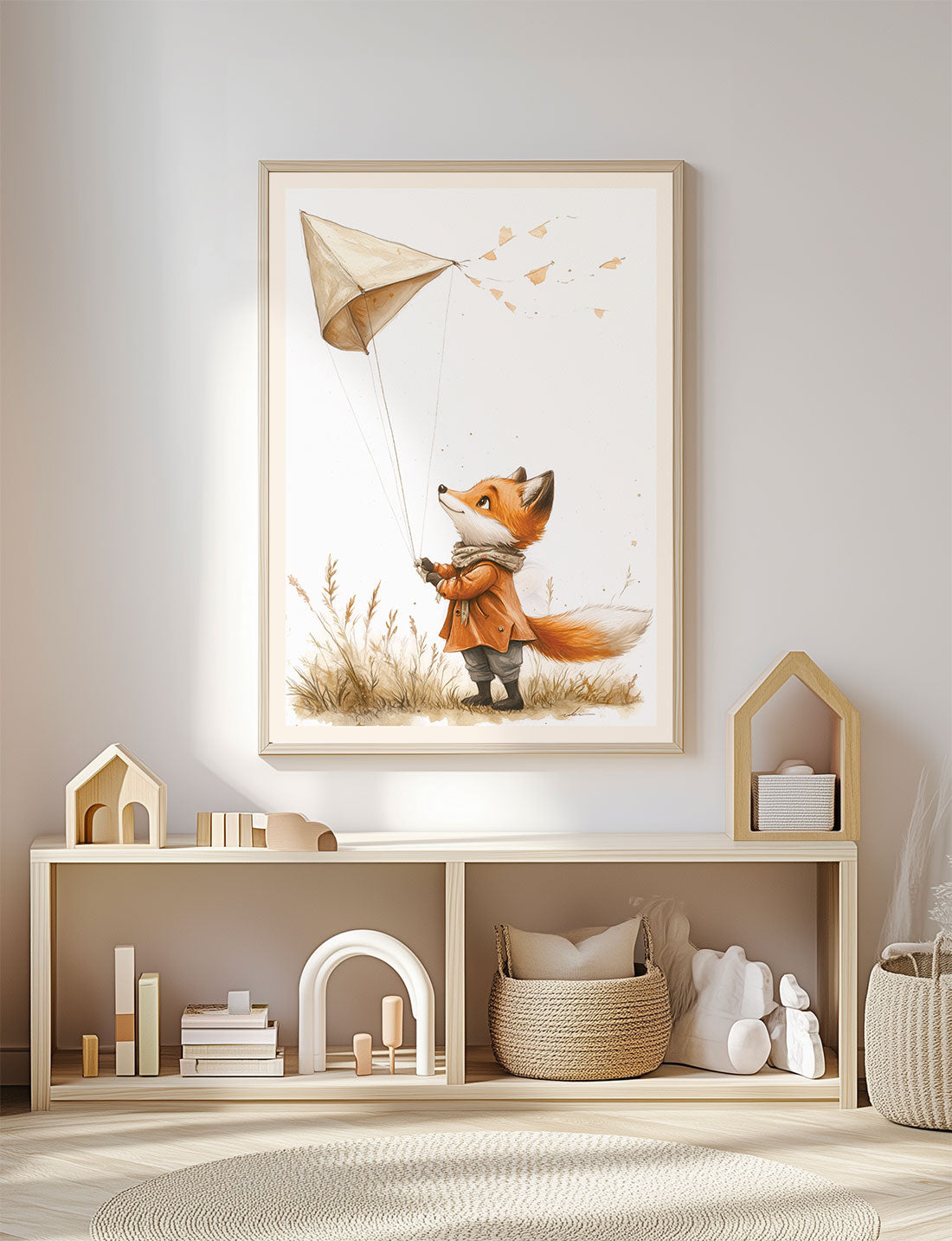 Affiche chambre enfant renard cerf volant sur fond blanc, encadrée dans une salle de jeux