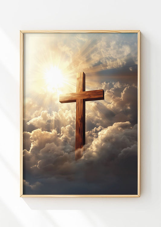 Affiche chrétienne d'une croix en bois au milieu des nuages et des rayons du soleil dans un cadre