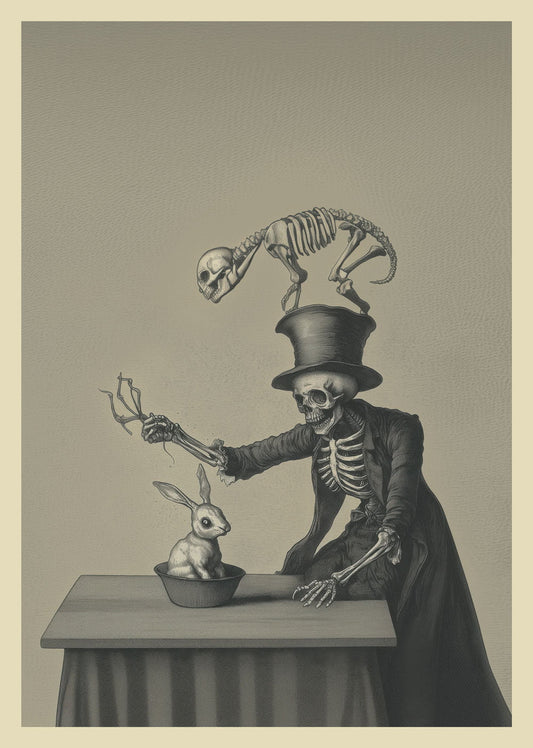 Affiche cabinet de curiosités noir et blanc d'un magicien squelettique en rituel avec un lapin.