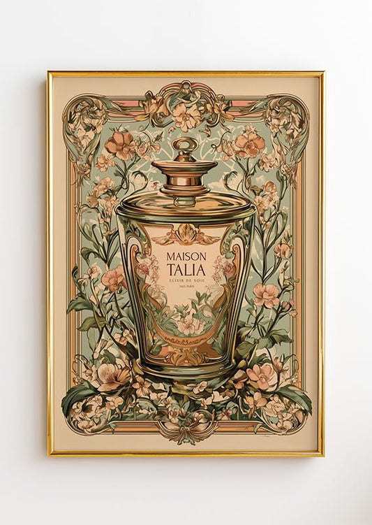 Affiche Art déco 1930 d'un parfum rétro dans un cadre doré sur fond blanc.