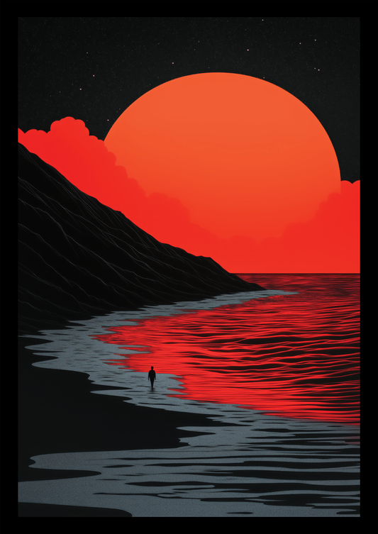 Affiche illustration d'un homme marchant sur du sable noir, au loin une lune rouge.
