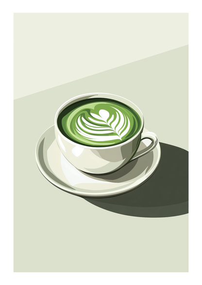Affiche cuisine d'une tasse de thé Matcha sur un fond vert pâle.