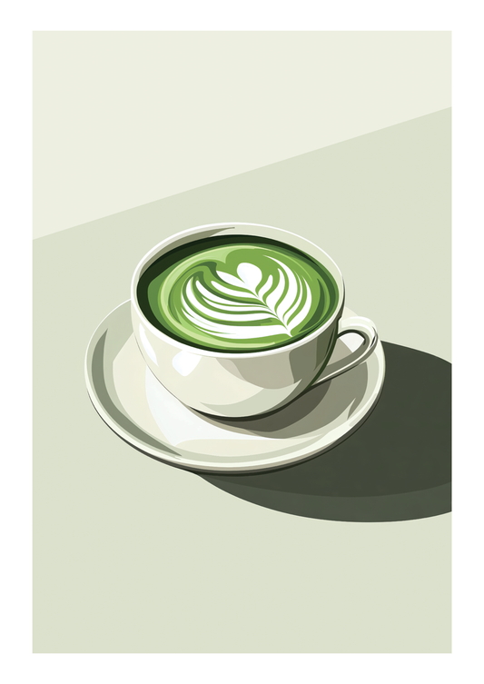 Affiche cuisine d'une tasse de thé Matcha sur un fond vert pâle.