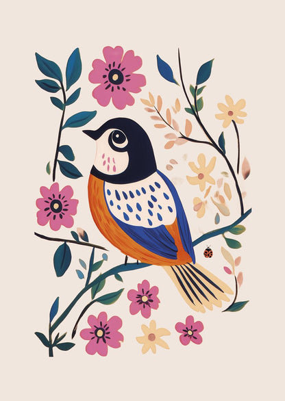 Affiche folk art d'une illustration d'une mésange bleue et orange entourée de fleurs rose et beige