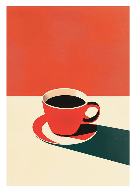 Affiche cuisine vintage d'une tasse rouge de café, sur fond rouge et blanc.