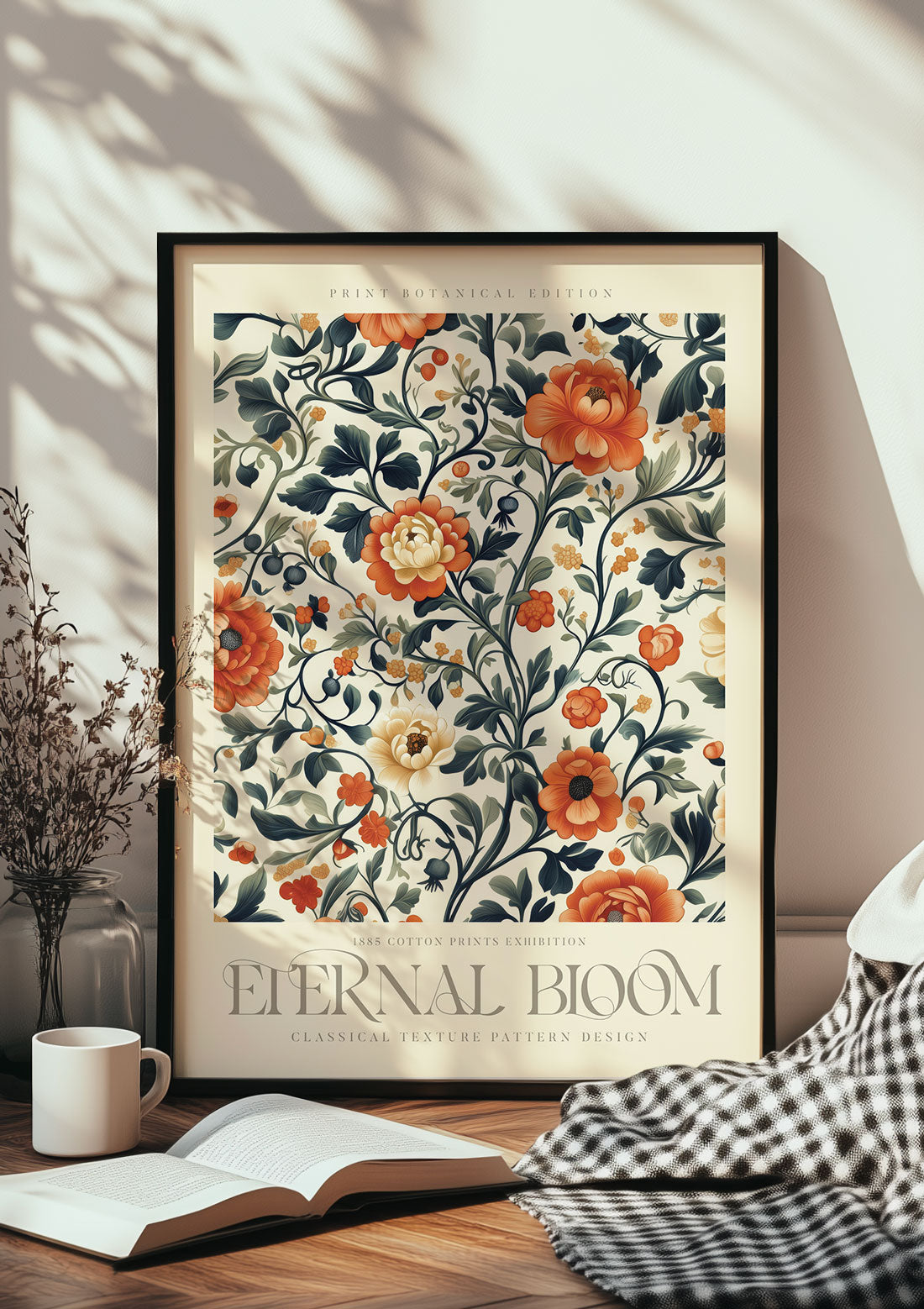 Affiche murale William Morris dans un cadre, posée sur le sol. 