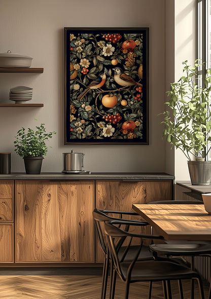 Mise en situation de l'illustration représentant deux oiseaux sur la branche d'un arbre fruitier, sur le mur d'une cuisine.