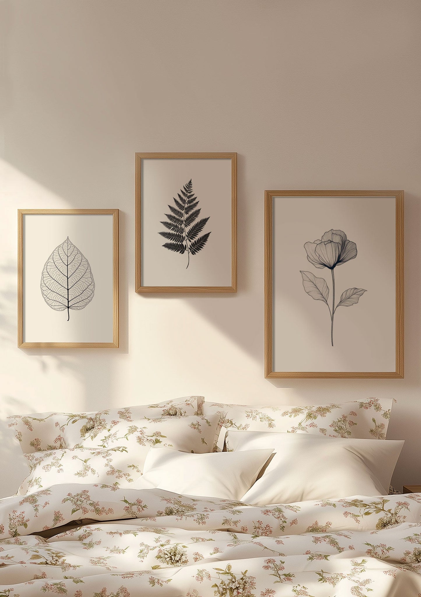Trio d'affiches florales noir et blanc au dessus d'un lit.