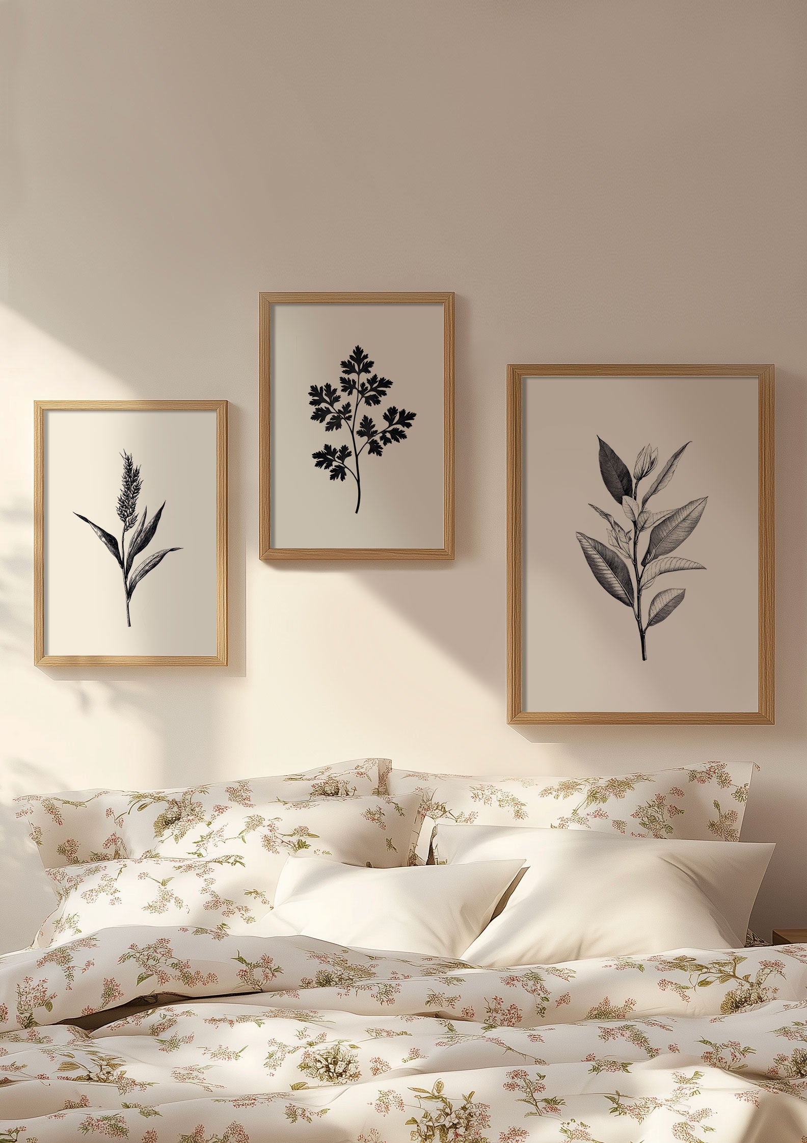 Trio d'affiche fleurs en noir et blanc, encadrée sur un mur au dessus d'un lit.