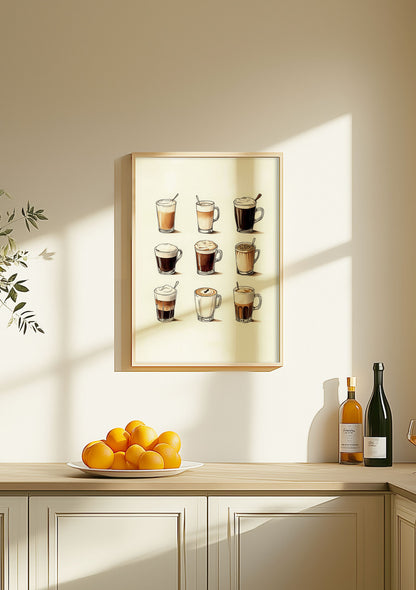 Affiche cuisine neufs cafés latte différents, mis en situation sur le mur d'une cuisine.