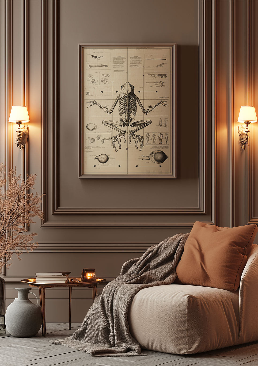 Mise en situation dans un salon de l'affiche cabinet de curiosités du schéma de grenouille.