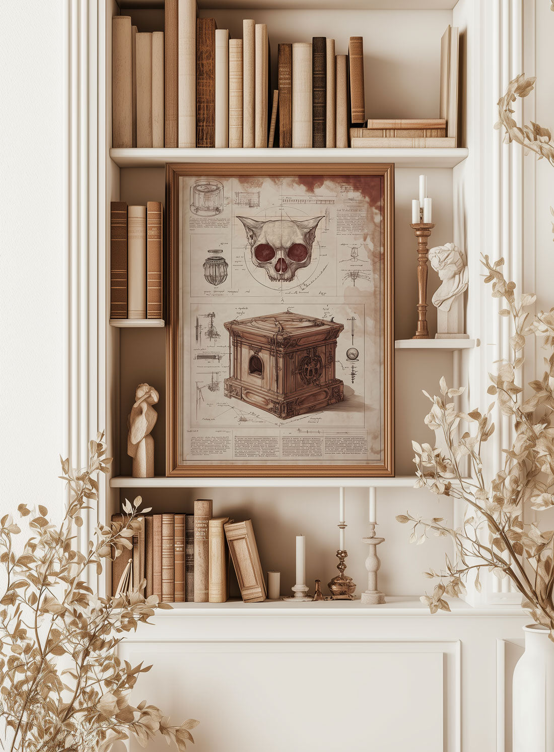 Affiche cabinet de curiosités d'un artefact avec crane de félin, posé dans une bibliothèque.